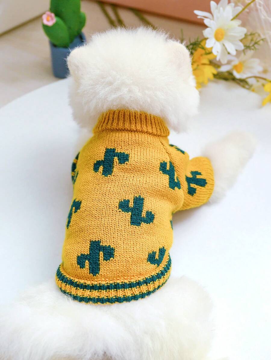 1pc Pet Clothes - Soft & Comfortable Yellow & Cactus Patterned Sweater For Dogs And Cats, Autumn/winter - Ginger - View 1