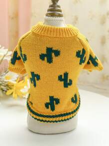 1pc Pet Clothes - Soft & Comfortable Yellow & Cactus Patterned Sweater For Dogs And Cats, Autumn/winter - Ginger - View 2
