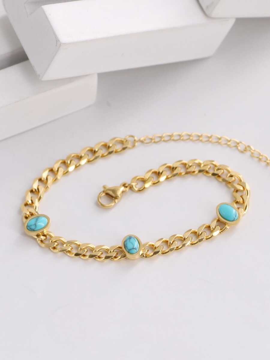 1 Miếng Đơn giản Châu Âu và Châu Mỹ Phong cách Sắc điệu-Vàng Thép không gỉ Hình bầu dục Xanh Màu ngọc lam Trang trí Vòng tay Đối với phụ nữ - Màu xanh lam - Xem 1