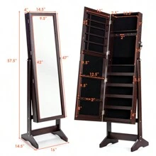 Costway Jewelry Cabinet Stand Mirror Armoire Lockable Organizer Large Storage Box - Brown - View 2