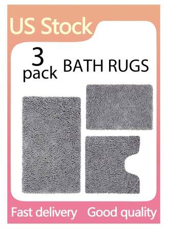 3pcs Soft Absorbent Chenille Bathroom Mats Set, Suitable For Home Bathroom And Shower Room Decoration, Anti-Slip Bath Mat Home Bathroom Decor Bath Rug Floor Carpet Outdoor Rug Door Mat Summer Bathroom Accessories