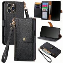 1個多卡插口、拉鍊、手提帶、防落和抗刮的蘋果和三星手機套可兼容不同模型,心形純色錢包。基於收到的產品,因為不同型號有不同的孔位,請注意產品的孔位。 - 黑色 - 查看 1