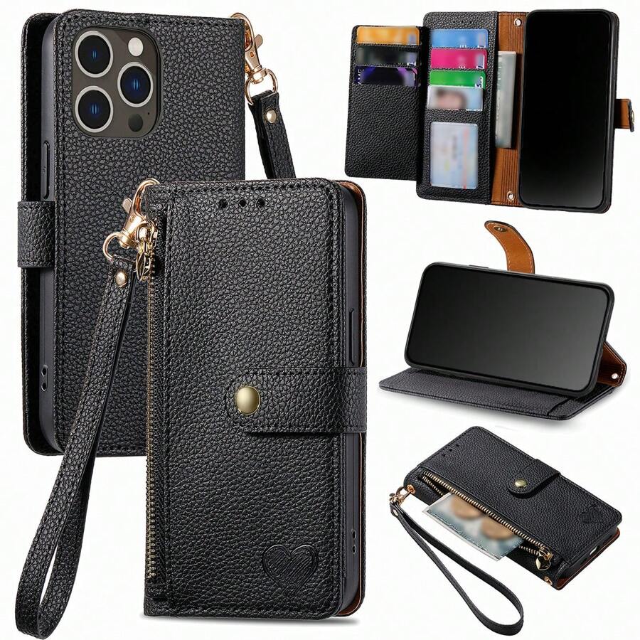 1個多卡插口、拉鍊、手提帶、防落和抗刮的蘋果和三星手機套可兼容不同模型,心形純色錢包。基於收到的產品,因為不同型號有不同的孔位,請注意產品的孔位。 - 黑色 - 查看 1