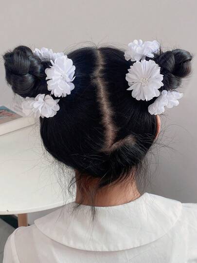 2pcs Girls' White Flower Elastic Hair Ties For Daily Decoration