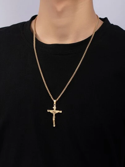 Newest Men's Twisted Rope Chain Cross Pendant Metallic Texture Necklace