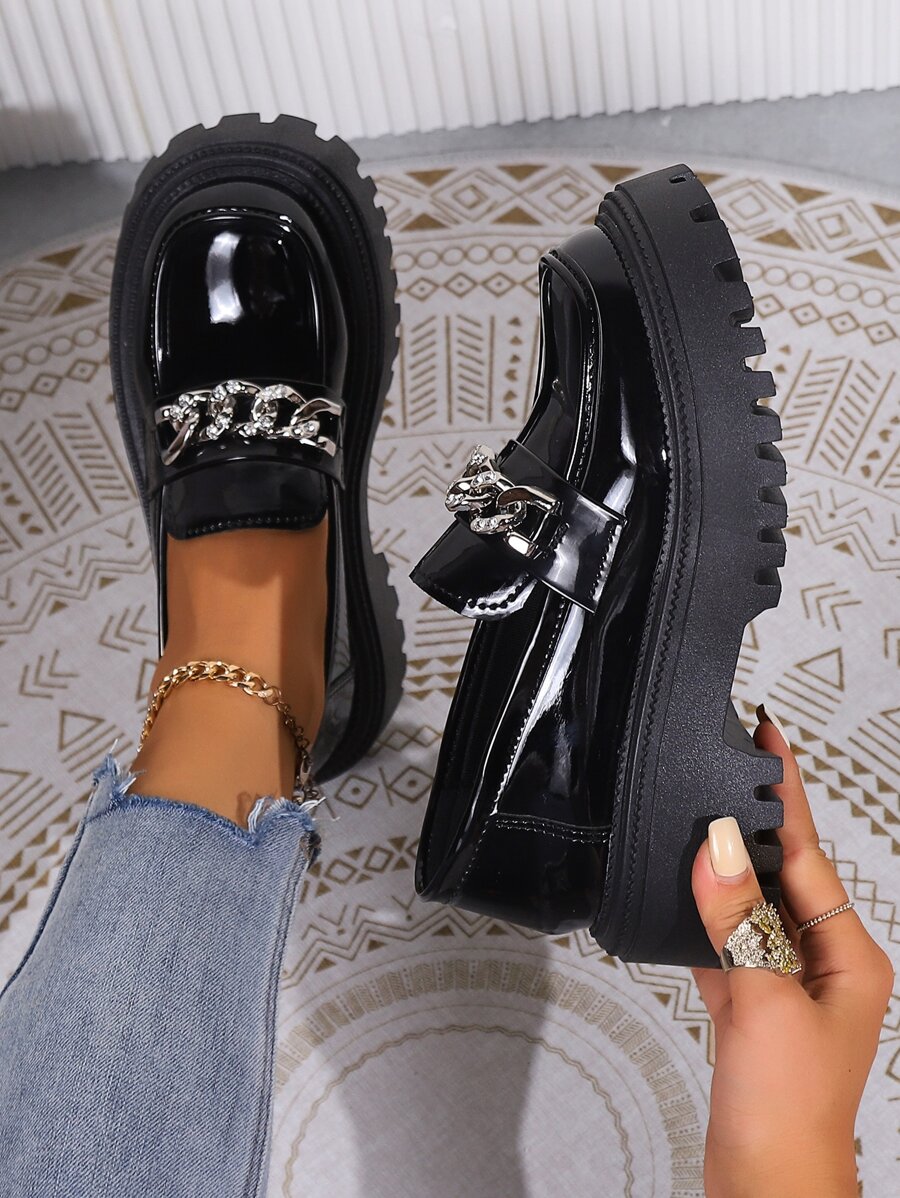 Mocasines de mujeres con tacón grueso cómodo punta redonda trabajar PU, otoño - Negro - Ver 1