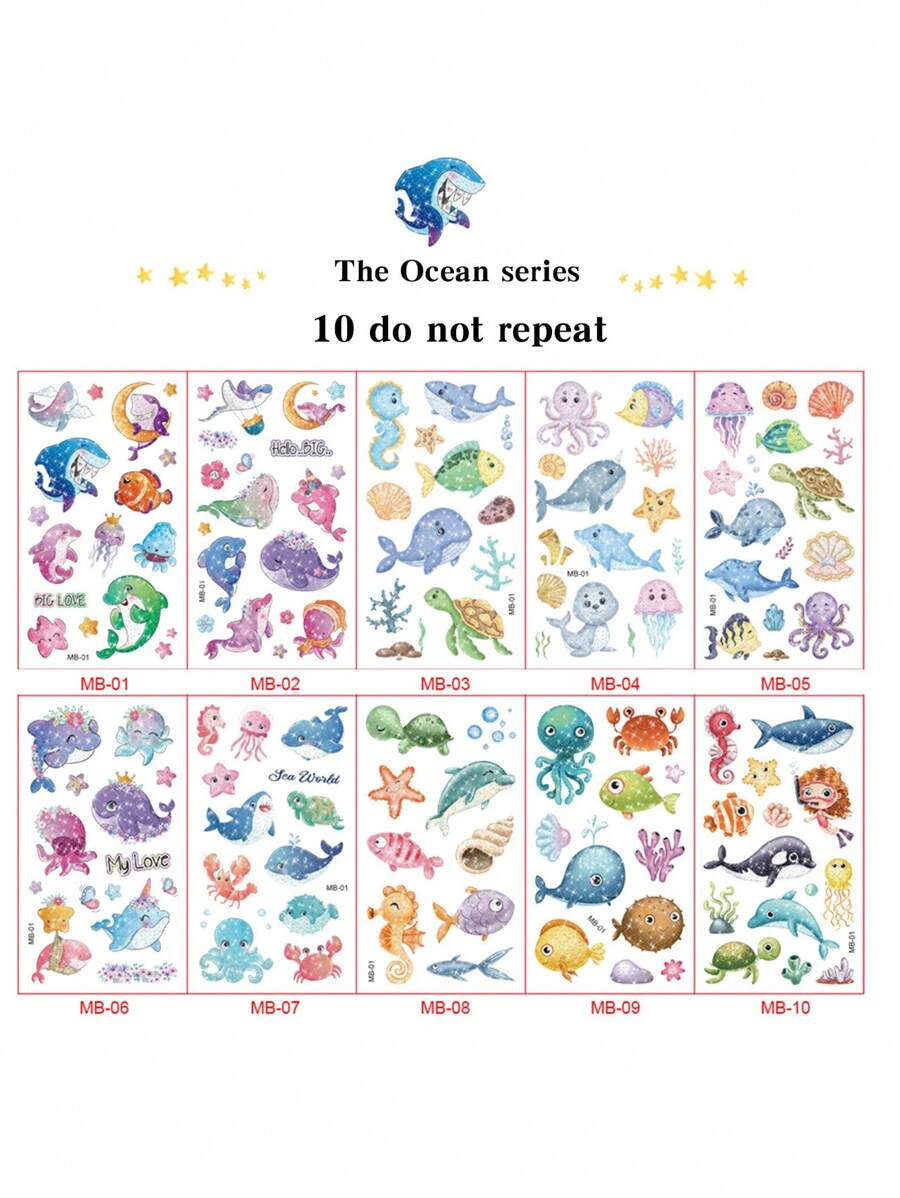 1 包 10 件/套海洋動物系列閃光臨時紋身貼紙,防水防汗,卡通多彩,非常適合節日、派對活動、禮物