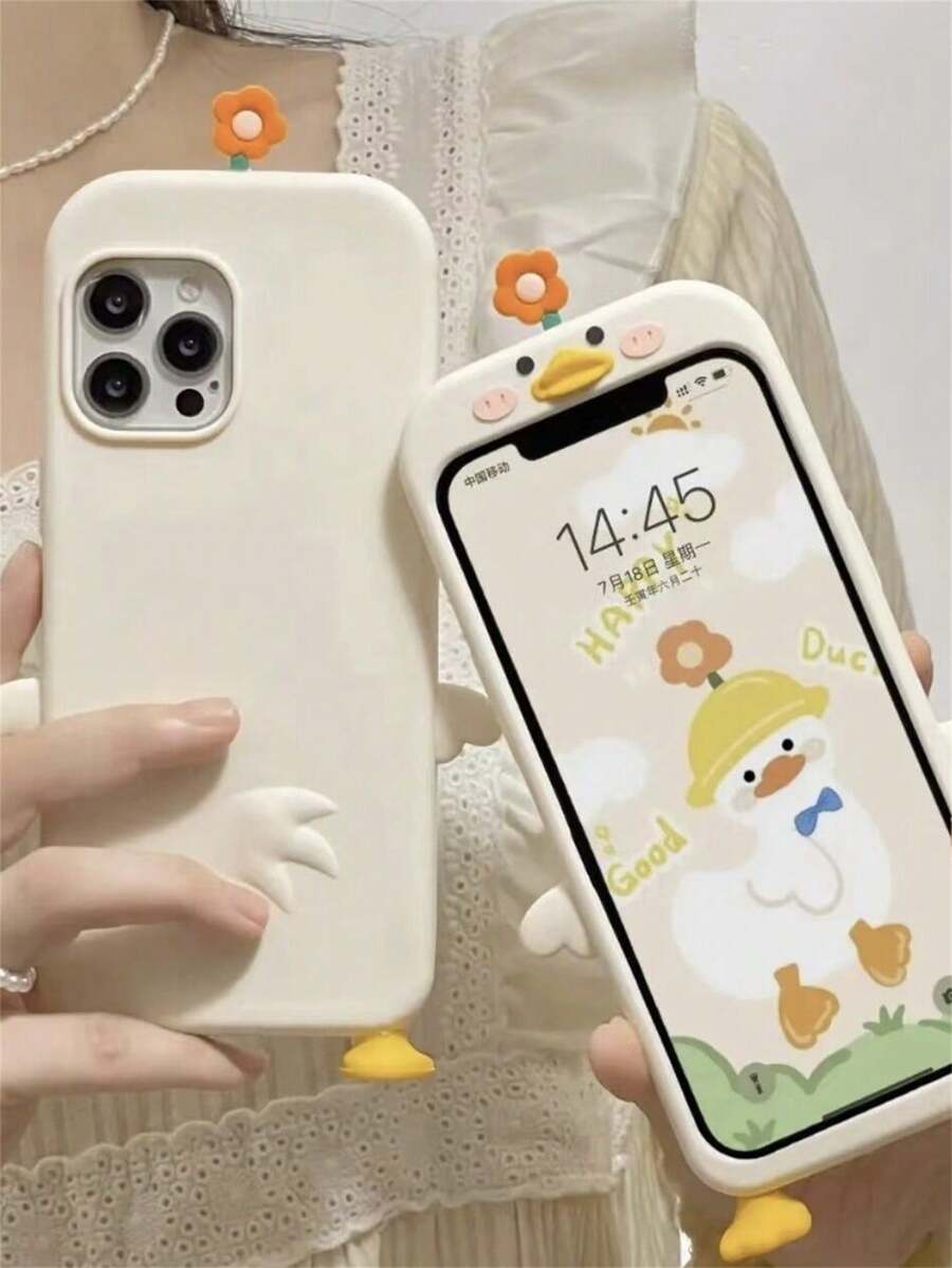 有趣的3D花和可愛的鴨子設計手機殼,適用於蘋果iPhone - 米色 - 查看 1