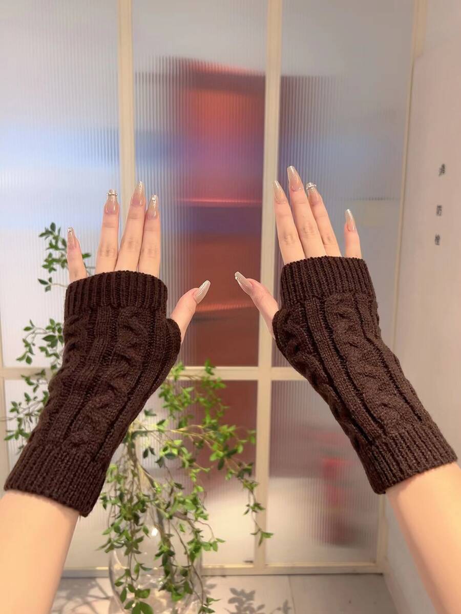 1pair Women's Open Finger Knitted Wool Writing Gloves For Autumn And Winter