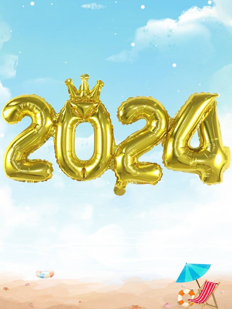 2024 Crown Shaped Linked Digital Balloon, New Year's And Christmas Decorations - Gold - View 1
