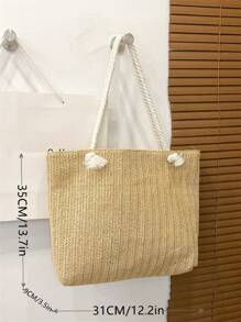 1pc Women's Large Capacity Woven Straw Tote Bag With Vacation Style - Khaki - View 6