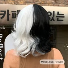 Cruella黑白色波浪中長發,12 吋帶瀏海,適用於cosplay、萬聖節派對、日常穿著 - 拼色 - 查看 7
