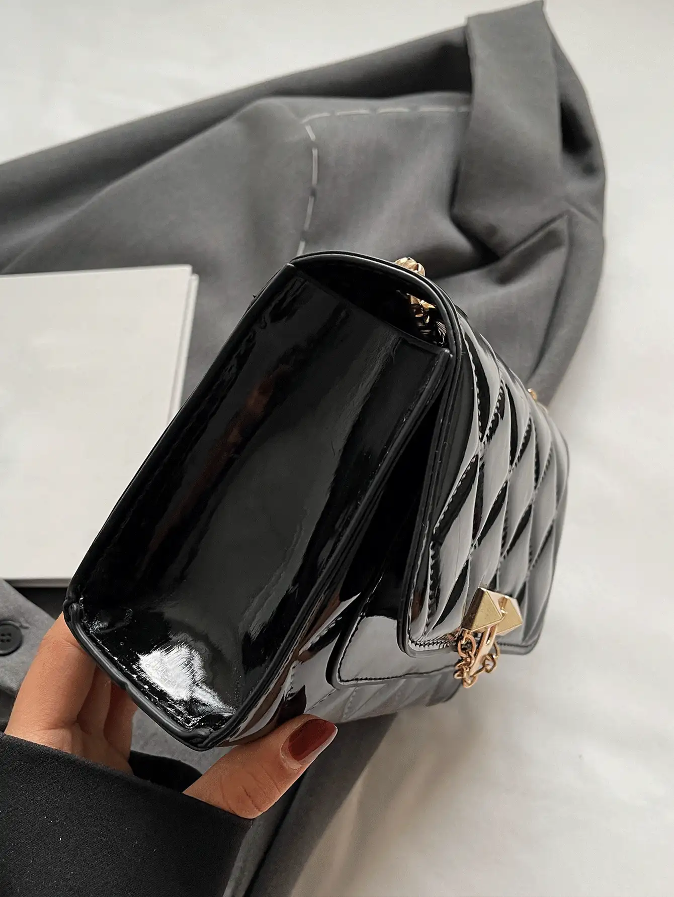 Ladies' Solid Color Pu Leather Crossbody Bag With Pressed Shell Quilting, Metallic Ornament And Flap-over Closure - Black - View 6