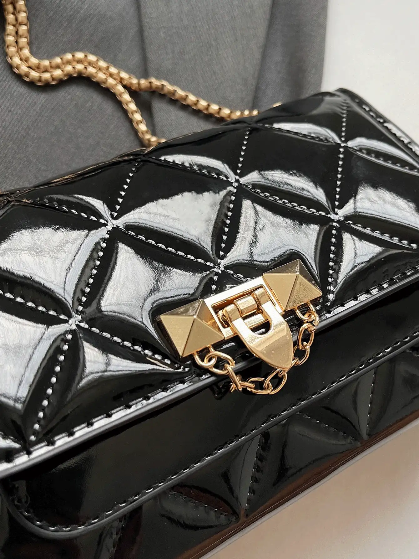 Ladies' Solid Color Pu Leather Crossbody Bag With Pressed Shell Quilting, Metallic Ornament And Flap-over Closure - Black - View 5