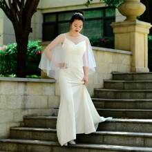 1pc Chal Nupcial, Capa De Boda, Chal De Tul Protector Solar Con Decoración De Perlas Y Diamantes De Imitación, Accesorio - Beis - Ver 3