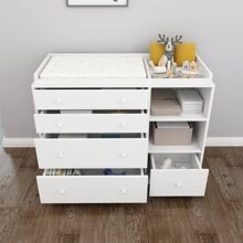 Large Modern Wood Nursery Storage Dresser Chest with Wide Table Top, 5 Drawers & 2 Shelves, Wide Storage Space Functional Organizer