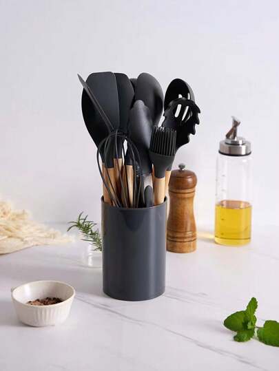 12 Pieces Kitchen Utensils With Buckets Wooden Handle Storage Buckets Non-Slip Kitchen Tools Silicone Spoons