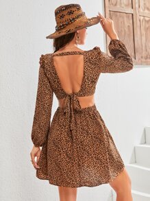 Vestido Corto Para Mujer, Vestido Estampado Animal Print, Estampado de Leopardo, Vestido Con Abertura, Vestido Escote Profundo en V, Vestido Espalda al Aire, Vestido Manga Larga, Vestido Manga de Farol - Café - Ver 2
