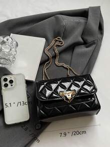 Ladies' Solid Color Pu Leather Crossbody Bag With Pressed Shell Quilting, Metallic Ornament And Flap-over Closure - Black - View 9