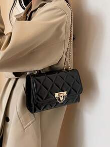 Ladies' Solid Color Pu Leather Crossbody Bag With Pressed Shell Quilting, Metallic Ornament And Flap-over Closure - Black - View 3