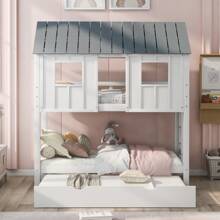 Nestfair Gray/White Twin Over Twin House Bunk Bed With Trundle And Roof