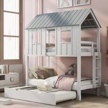 Nestfair Gray/White Twin Over Twin House Bunk Bed With Trundle And Roof