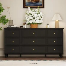 White Chest of Drawers 9 Drawer Chest Dresser Wood Dresser with Wood Leg & Gold Handles, for Bedroom Closet ( Assembly required )