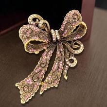 1pc Rhinestone Brooch, Vintage Bowknot Decor Women's Accessory Pin - pink diamond - View 4