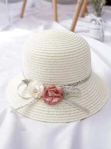 2入組女孩帽子與包的套裝,新中式典雅牡丹公主遮陽帽和肩背包,可愛的日常和海灘旅行 - 白色 - 查看 2