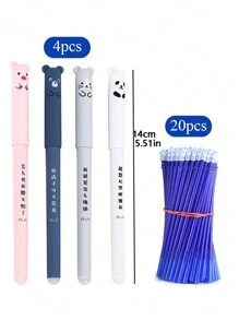 4pcs Pens With 20pcs Refills, Needle Tube, 0.35mm Cartoon Animal Themed Erasable Gel Pen Set