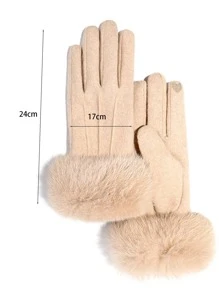 2 件冬季保暖内衬触屏手套，带心形图案 - 米色 - 查看 8