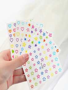 5入組馬卡龍和五角星設計的夏季美甲貼紙,五彩心形和星形印花美甲貼紙 - 彩色 - 查看 2