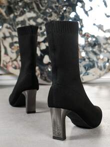 Fairy Style Plus Size Pointed Toe Sock Boots, Fashion Stretchy Women's Ankle Boots, 2023 Spring Autumn New Knitted High Heeled Boots With Chunky Heel - Black - View 5