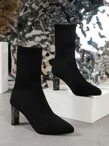 Fairy Style Plus Size Pointed Toe Sock Boots, Fashion Stretchy Women's Ankle Boots, 2023 Spring Autumn New Knitted High Heeled Boots With Chunky Heel - Black - View 4