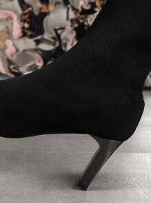 Fairy Style Plus Size Pointed Toe Sock Boots, Fashion Stretchy Women's Ankle Boots, 2023 Spring Autumn New Knitted High Heeled Boots With Chunky Heel - Black - View 6