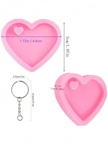 4 个心形树脂硅胶钥匙扣模具复活节情人节模具爱心钥匙扣礼物硅胶糖翻转模具带 20 个钥匙扣用于 DIY 钥匙扣装饰、自制甜点 - 粉色 - 查看 2