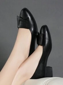 女士休闲一脚蹬高跟圆头平底鞋配蝴蝶结，黑色，春/秋 - 黑色 - 查看 1