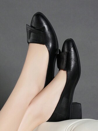 Women's Casual Slip-On High Heel Round Toe Flats With Bow Tie, Black, Spring/Autumn