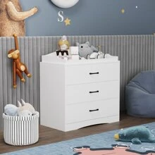 Small Modern Wood Nursery Storage Dresser Chest with Wide Table Top & 3 Drawers, Wide Storage Space Functional Organizer