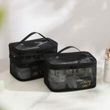 1入組多功能透明收納袋雙層網紗化妝包便攜大容量旅行化妝包郵輪必備 - 米色 - 查看 5