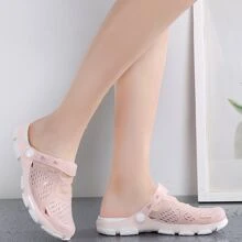 女款防滑厚底空心拖鞋,果凍海灘鞋,夏季平底涼鞋
