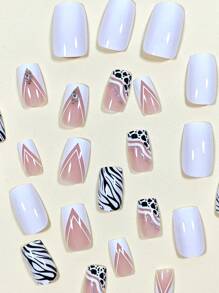 24入組短方形時尚法式美甲風格指甲貼,白邊,斑馬紋,鑽石,和閃亮適用於美甲、派對、日常使用 - 彩色 - 查看 3