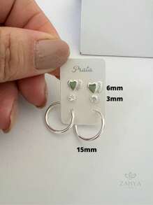 Kit Trio de Brincos de Prata 925 Delicados Argola 15mm Ponto de Luz e Coração Duplo - Prata - Visão 2