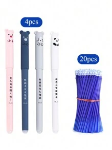 4pcs Pens With 20pcs Refills, Needle Tube, 0.35mm Cartoon Animal Themed Erasable Gel Pen Set