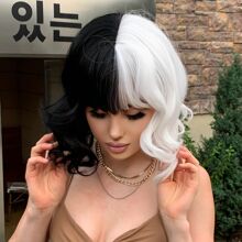 Cruella黑白色波浪中長發,12 吋帶瀏海,適用於cosplay、萬聖節派對、日常穿著 - 拼色 - 查看 4