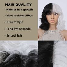 Cruella黑白色波浪中長發,12 吋帶瀏海,適用於cosplay、萬聖節派對、日常穿著 - 拼色 - 查看 8