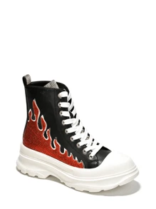 Women's  Rhinestone Flame High Top Lug Sneakers - Lug, Platform Round Toe Low Heel For Casual - 黑色 - 查看 6