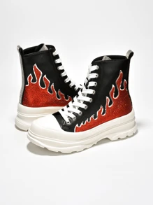 Women's  Rhinestone Flame High Top Lug Sneakers - Lug, Platform Round Toe Low Heel For Casual - 黑色 - 查看 2
