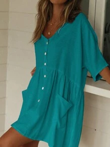 V領前紐扣鬆動罩衫洋裝帶斜口袋 - 綠色 - 查看 7