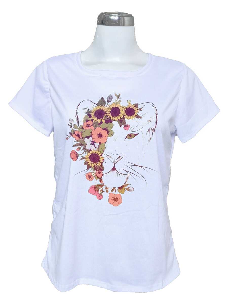 Women's Fashion Lioness Flowers Sublimated T-Shirt - 白色 - 查看 1